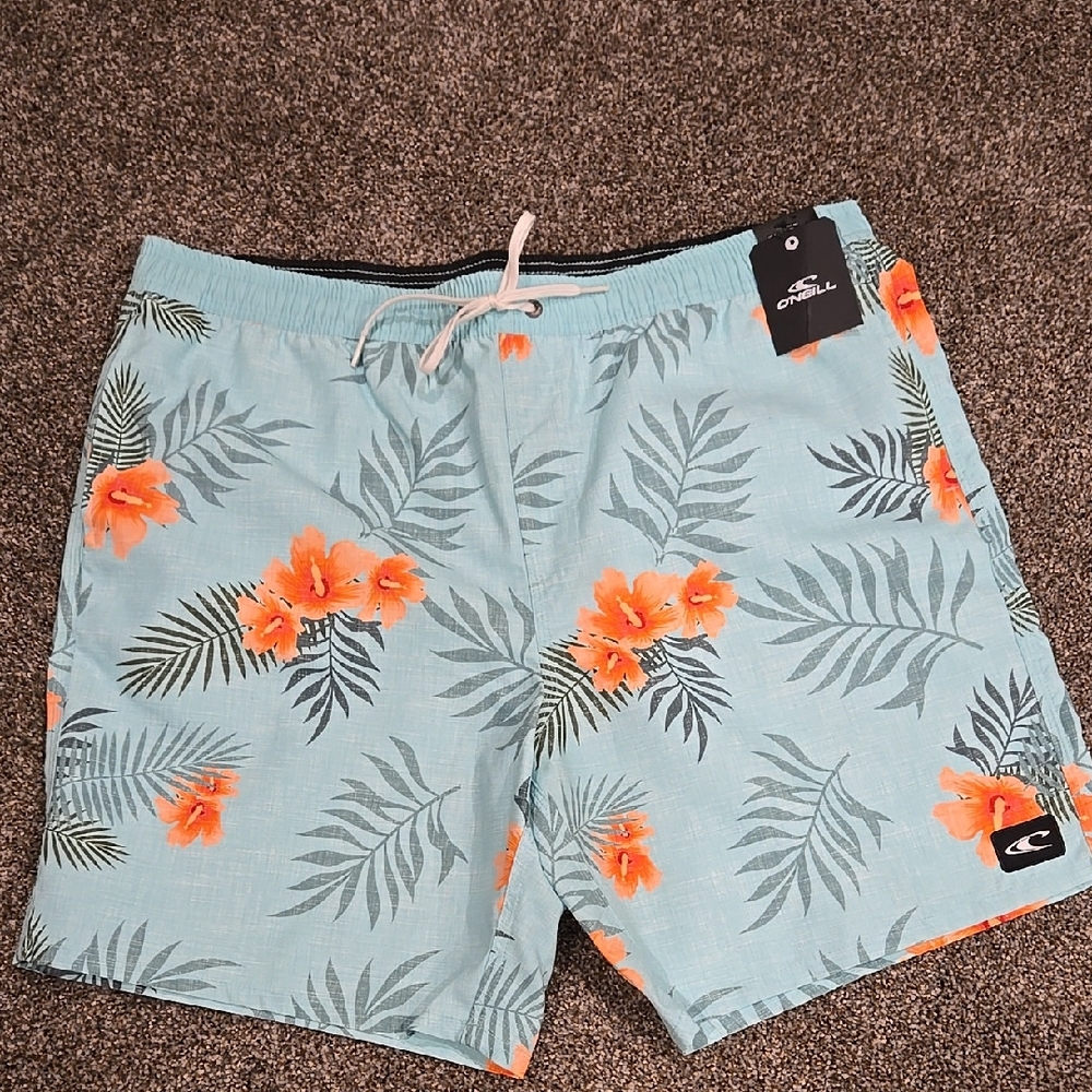 O'Neill Blue and Orange Board Shorts with Tropical Design